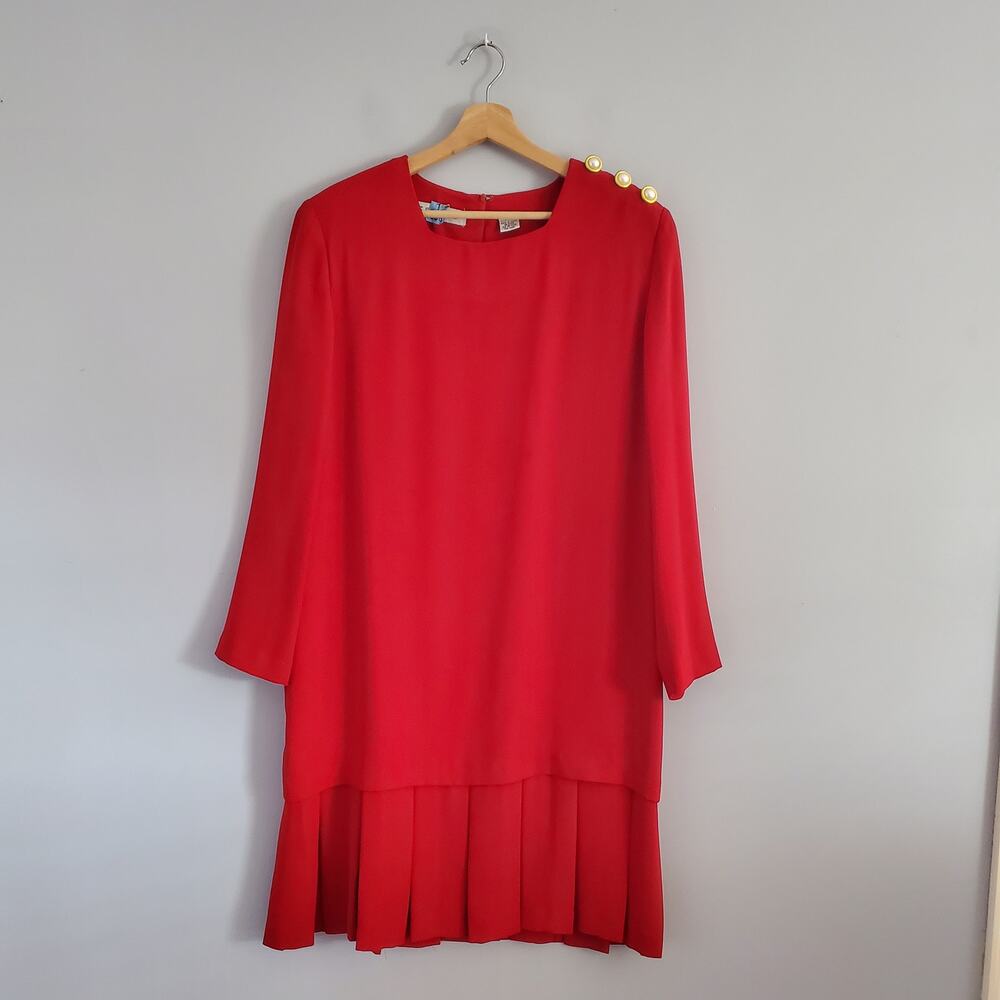 Ms Chaus Vintage Red Long Sleeve Pleated Sheath Midi Dress 14